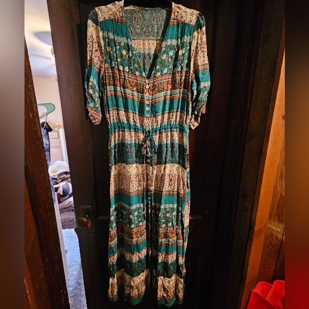 Bohemian Maxi Dress in Teal and Brown